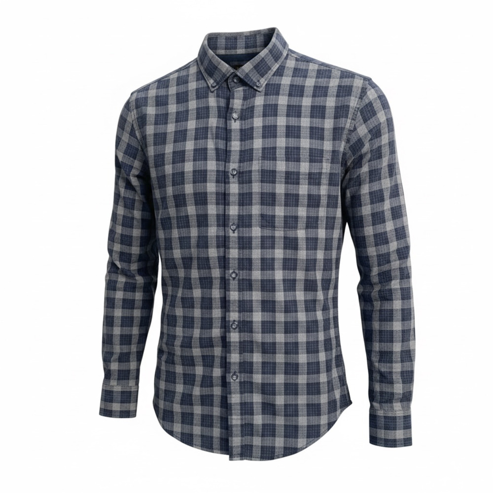 Zara Man Slim Fit Blue And Grey Plaid Long Sleeve Button Down Shirt